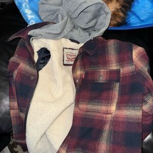 Levi's Red Plaid Jean Jacket with Gray Hood